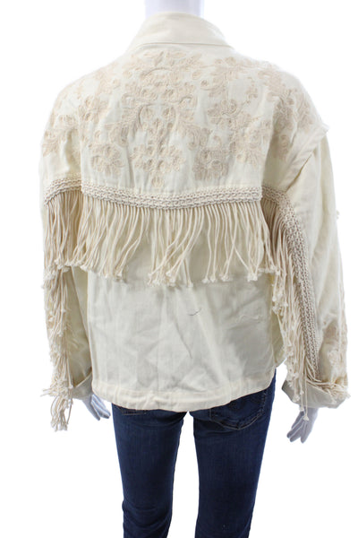 Zara Woman Women Beige Floral Cotton Mock Neck Drawstring Jacket Size S
