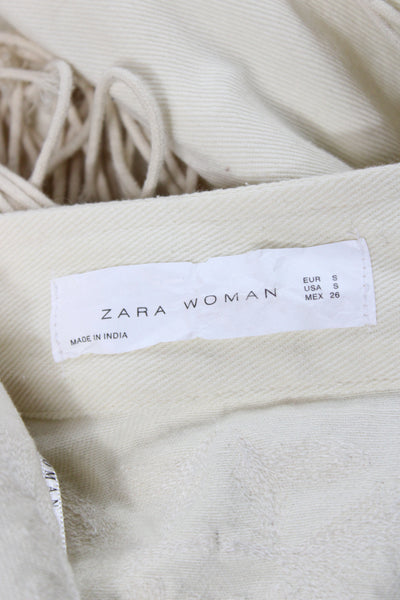 Zara Woman Women Beige Floral Cotton Mock Neck Drawstring Jacket Size S