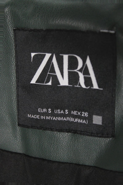 Zara Womens Puffer Jacket Quilted Green High Neck Drawstring Polyester Size S