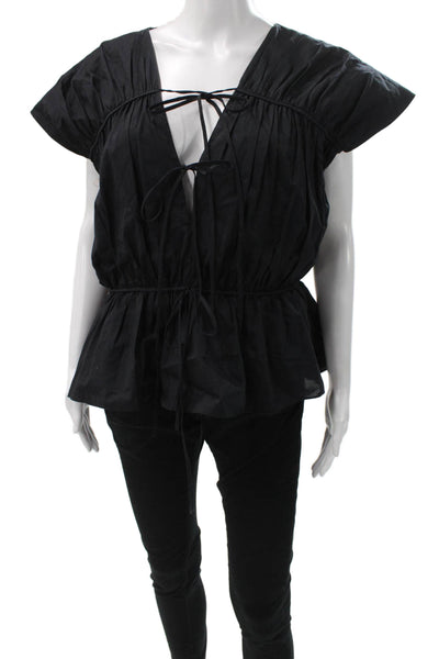 Tove Women Black V-Neck Bohemian Blouse Sleeveless Drawstring Size 40
