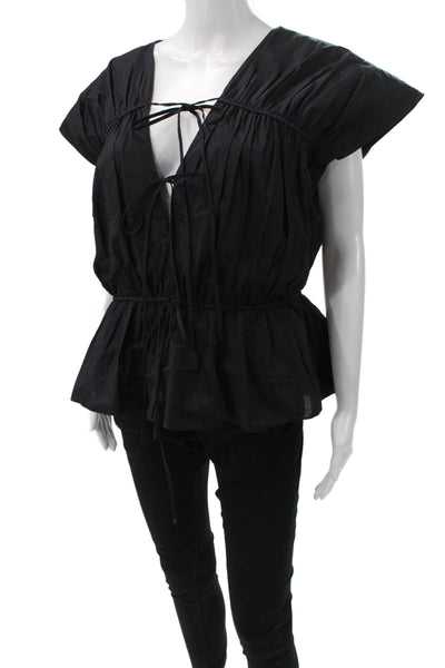 Tove Women Black V-Neck Bohemian Blouse Sleeveless Drawstring Size 40