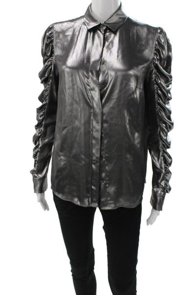 Akris Punto Womens Collared Button Viscose Blouse Dark Gray Long Sleeve Size 8