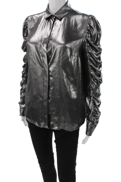 Akris Punto Womens Collared Button Viscose Blouse Dark Gray Long Sleeve Size 8