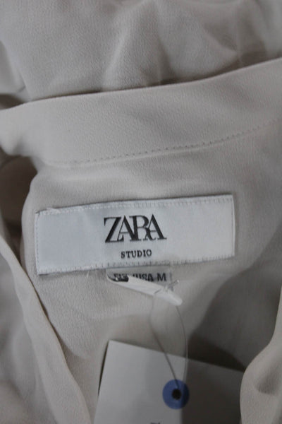 Zara Womens Bohemian Beige Tie Front Viscose Long Sleeve Blouse Size M