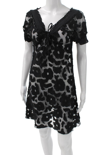 Letarte Handmade Womens Mini Shift Floral Black V Neck Viscose Dress Size M