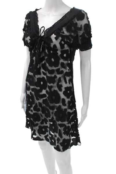 Letarte Handmade Womens Mini Shift Floral Black V Neck Viscose Dress Size M