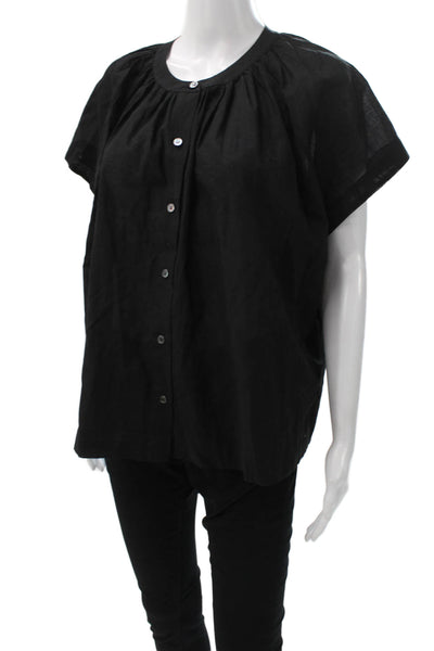 Jenni Kayne Womens Basic Black Button Up Blouse Short Sleeve Round Neck Size XS