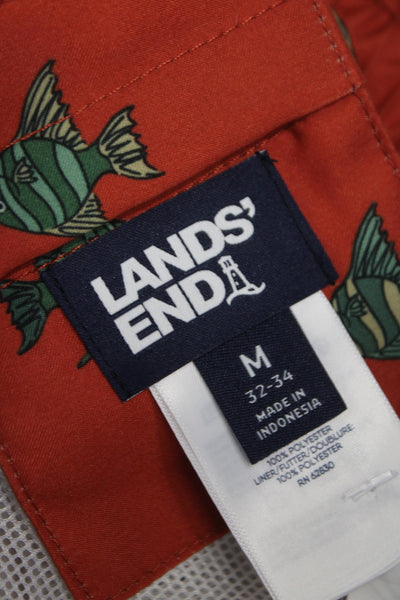 Lands End Mens Red Beach Graphic Drawstring Polyester Shorts Size M