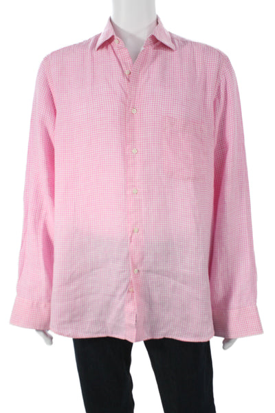 Davide Cenci Mens Linen Gingham Plaid Button Down Shirt Pink White Size 16.5 42