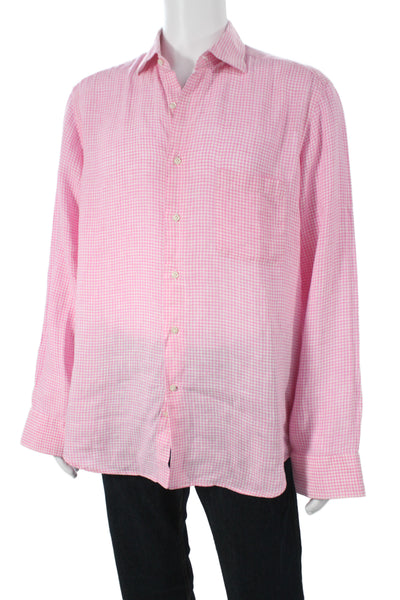 Davide Cenci Mens Linen Gingham Plaid Button Down Shirt Pink White Size 16.5 42