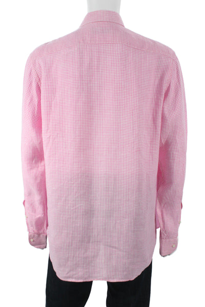 Davide Cenci Mens Linen Gingham Plaid Button Down Shirt Pink White Size 16.5 42