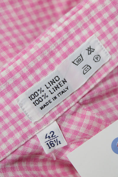 Davide Cenci Mens Linen Gingham Plaid Button Down Shirt Pink White Size 16.5 42
