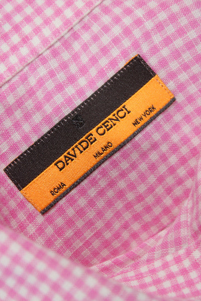 Davide Cenci Mens Linen Gingham Plaid Button Down Shirt Pink White Size 16.5 42