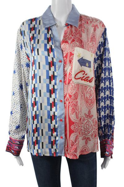 Me 369 Womens Collared Viscose Button-Up Top Blue Long Sleeve Size S