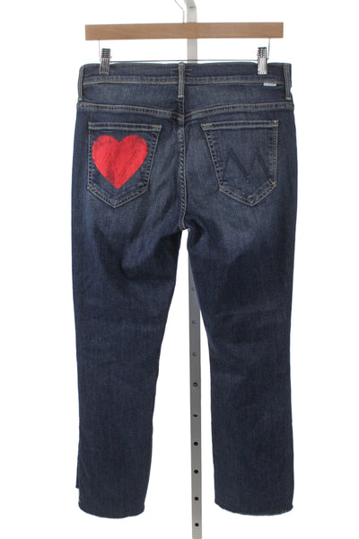 Mother Women Cropped Straight High Rise Dark Blue Heart Graphic Jeans Size 29