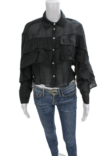 Zara Womens Cropped Black Button-Up Collared Blouse Long Sleeve Gothic Size XS