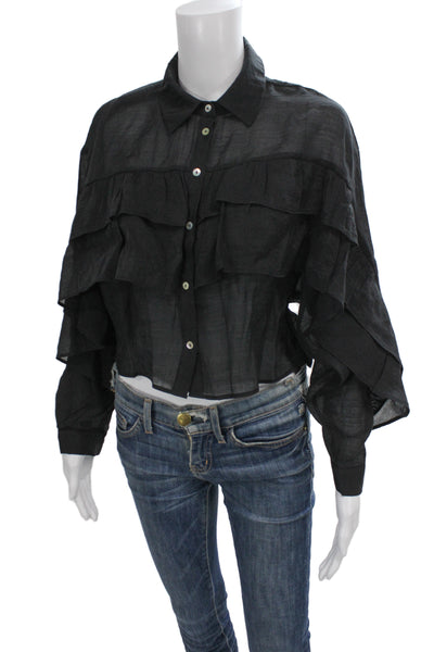 Zara Womens Cropped Black Button-Up Collared Blouse Long Sleeve Gothic Size XS