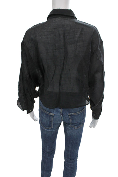 Zara Womens Cropped Black Button-Up Collared Blouse Long Sleeve Gothic Size XS