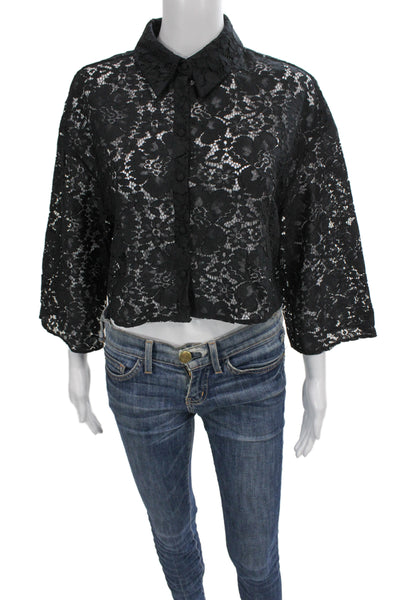 Zara Women Cropped Lace Floral Collared 3/4 Sleeve Black Blouse Size S