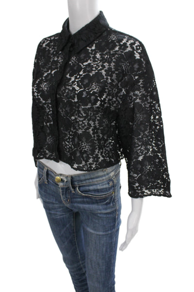 Zara Women Cropped Lace Floral Collared 3/4 Sleeve Black Blouse Size S