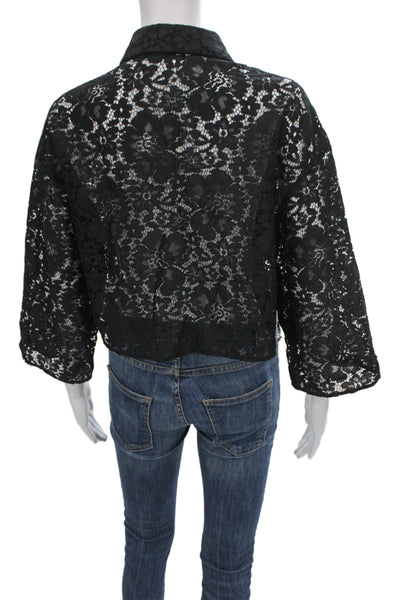 Zara Women Cropped Lace Floral Collared 3/4 Sleeve Black Blouse Size S