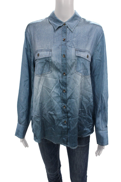 Kate Young Women Collared Button-Up Silk Blend Long Sleeve Blue Grunge Size XS