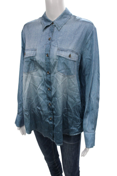 Kate Young Women Collared Button-Up Silk Blend Long Sleeve Blue Grunge Size XS