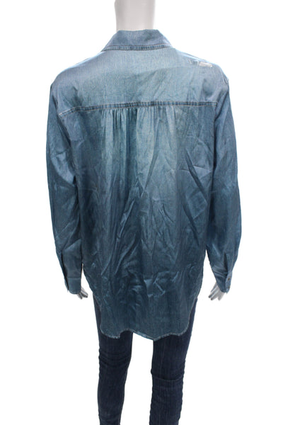 Kate Young Women Collared Button-Up Silk Blend Long Sleeve Blue Grunge Size XS