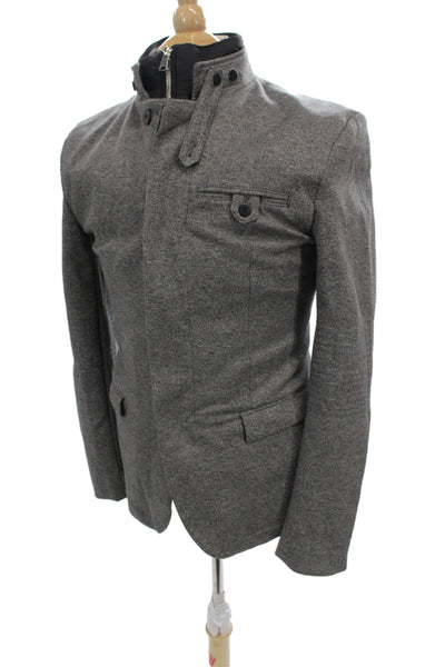 Zara Man Mens Military Jacket Gray Herringbone High Neck Button Polyester Size M