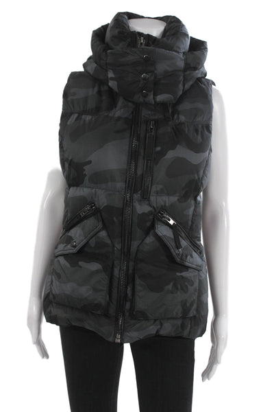SAM Women Quilted Puffer Camouflage High Neck Button Vest Black Size L