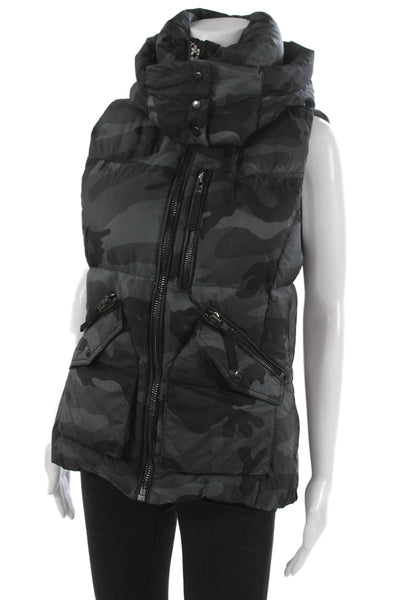 SAM Women Quilted Puffer Camouflage High Neck Button Vest Black Size L