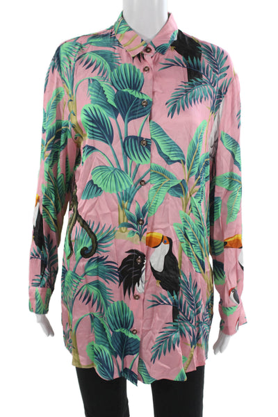 MC2 Saint Barth Womens Tunic Button Up Black Collared Viscose Bird Print Size L