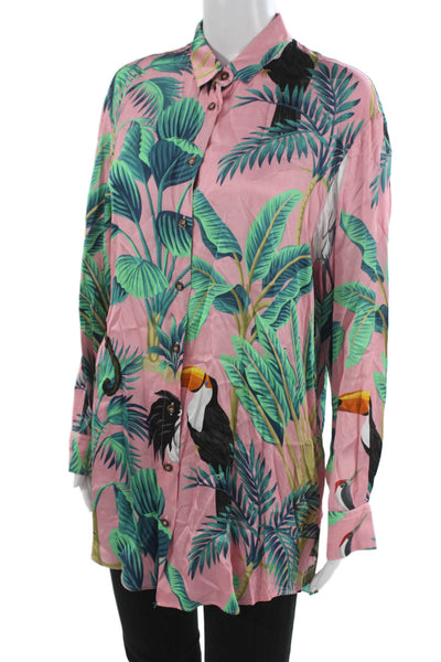 MC2 Saint Barth Womens Tunic Button Up Black Collared Viscose Bird Print Size L