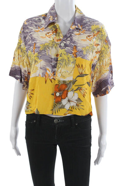 Riley Womens Cropped Floral Button-Up Short Sleeve Rayon Purple Size M
