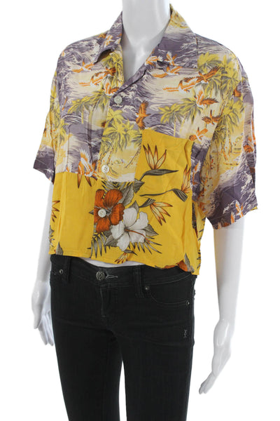 Riley Womens Cropped Floral Button-Up Short Sleeve Rayon Purple Size M
