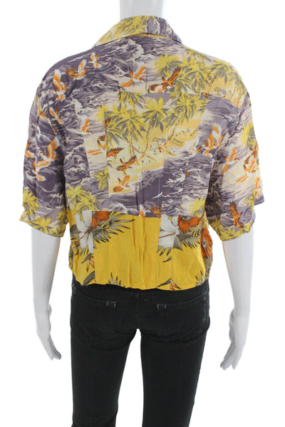 Riley Womens Cropped Floral Button-Up Short Sleeve Rayon Purple Size M