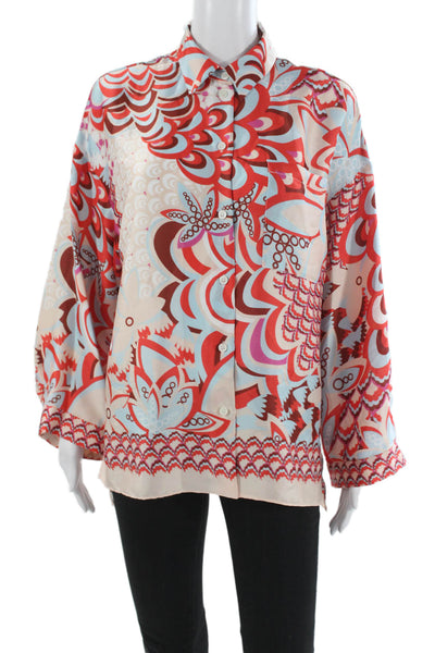 Zara Women Beige Collared Graphic Print Button Up Blouse Long Sleeve Size S