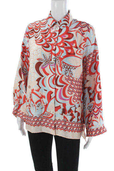 Zara Women Beige Collared Graphic Print Button Up Blouse Long Sleeve Size S