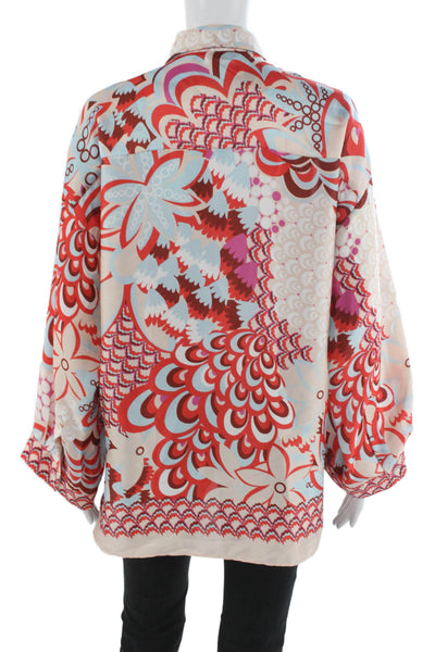 Zara Women Beige Collared Graphic Print Button Up Blouse Long Sleeve Size S