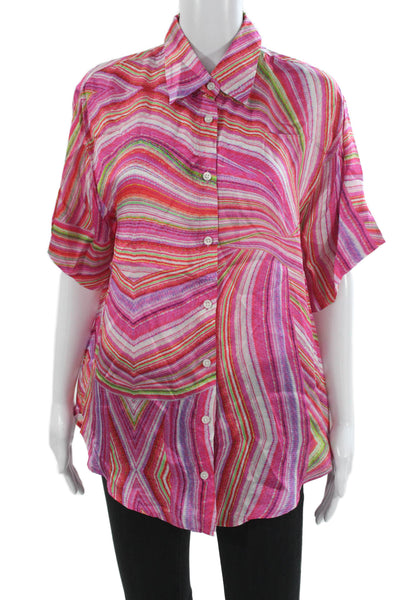 Frankies Bikinis Womens Striped Collared Button-Up Short Sleeve Top Pink Size S