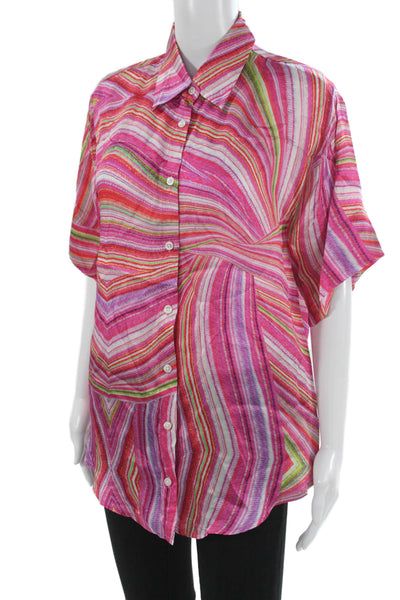 Frankies Bikinis Womens Striped Collared Button-Up Short Sleeve Top Pink Size S