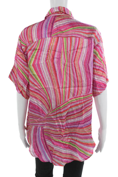 Frankies Bikinis Womens Striped Collared Button-Up Short Sleeve Top Pink Size S