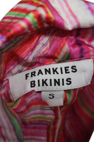 Frankies Bikinis Womens Striped Collared Button-Up Short Sleeve Top Pink Size S