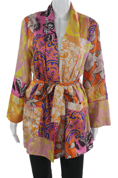 Zara Women Kimono Floral Multicolor Polyester Tie Waist Long Sleeve Size M
