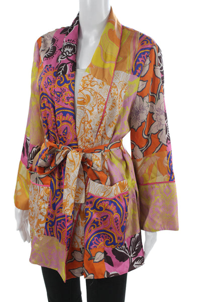 Zara Women Kimono Floral Multicolor Polyester Tie Waist Long Sleeve Size M