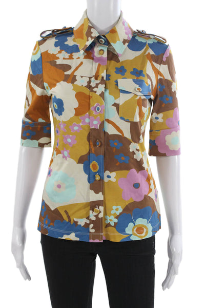 Sportmax Women Blue Floral Collared Jersey Button Up Blouse 3/4 Sleeve Size XS
