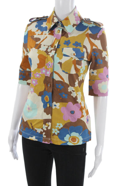 Sportmax Women Blue Floral Collared Jersey Button Up Blouse 3/4 Sleeve Size XS