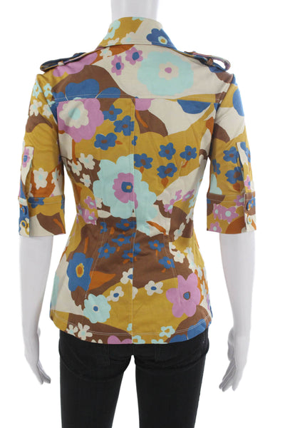 Sportmax Women Blue Floral Collared Jersey Button Up Blouse 3/4 Sleeve Size XS