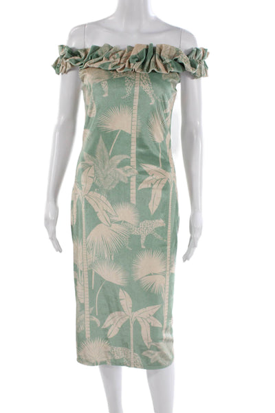 Lobo. Rosa Womens Sheath Dress Green Off Shoulder Zip Animal Print Size S