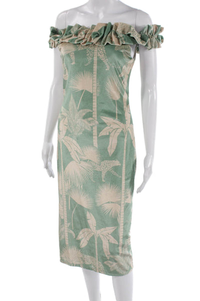 Lobo. Rosa Womens Sheath Dress Green Off Shoulder Zip Animal Print Size S